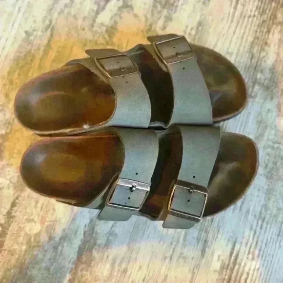 Birkenstock Arizona big buckle gray & leather‎ slides women’s size 6 - Picture 2 of 6